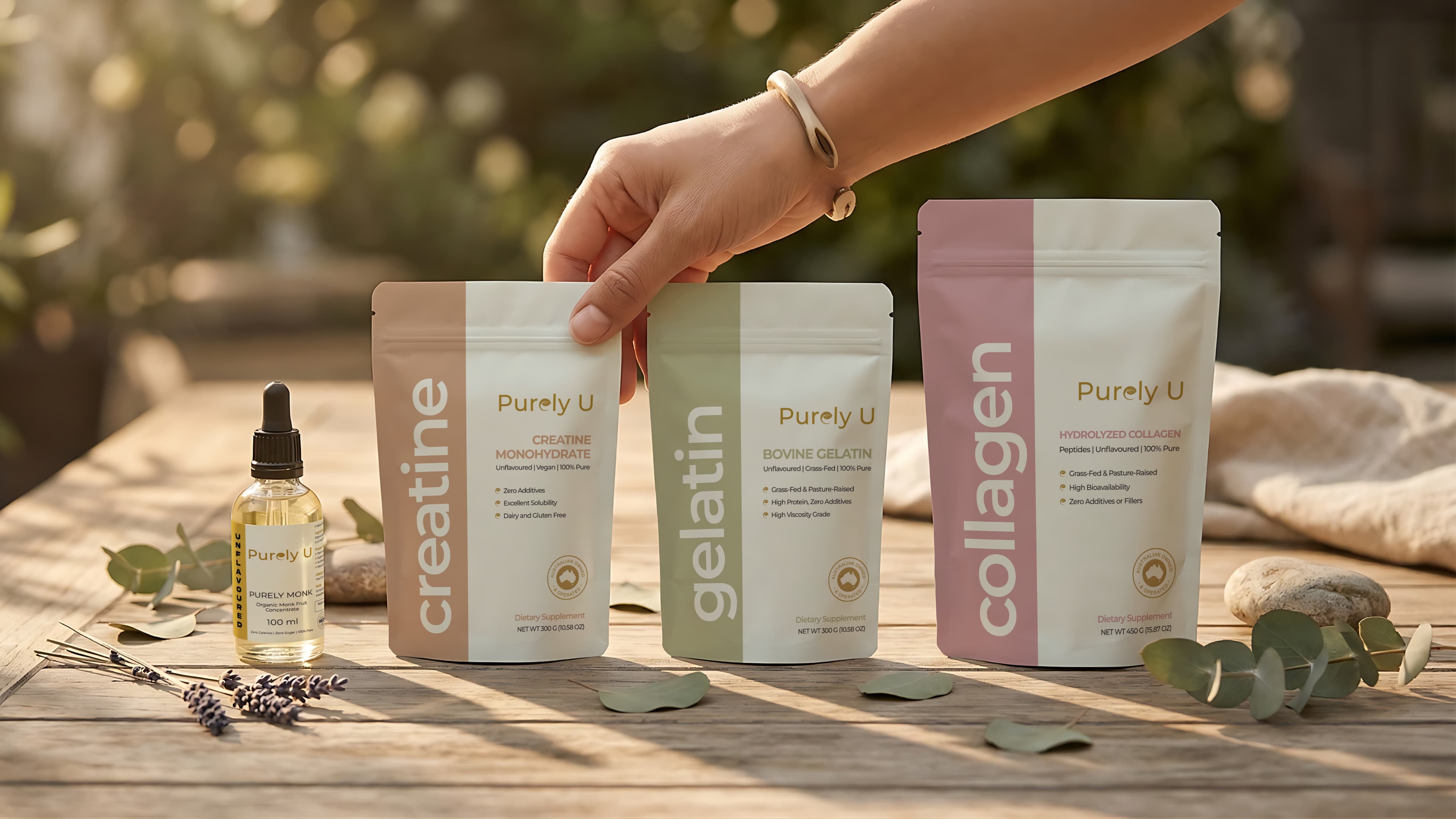 Purely U product range - monk fruit drops, creatine, gelatin, and collagen