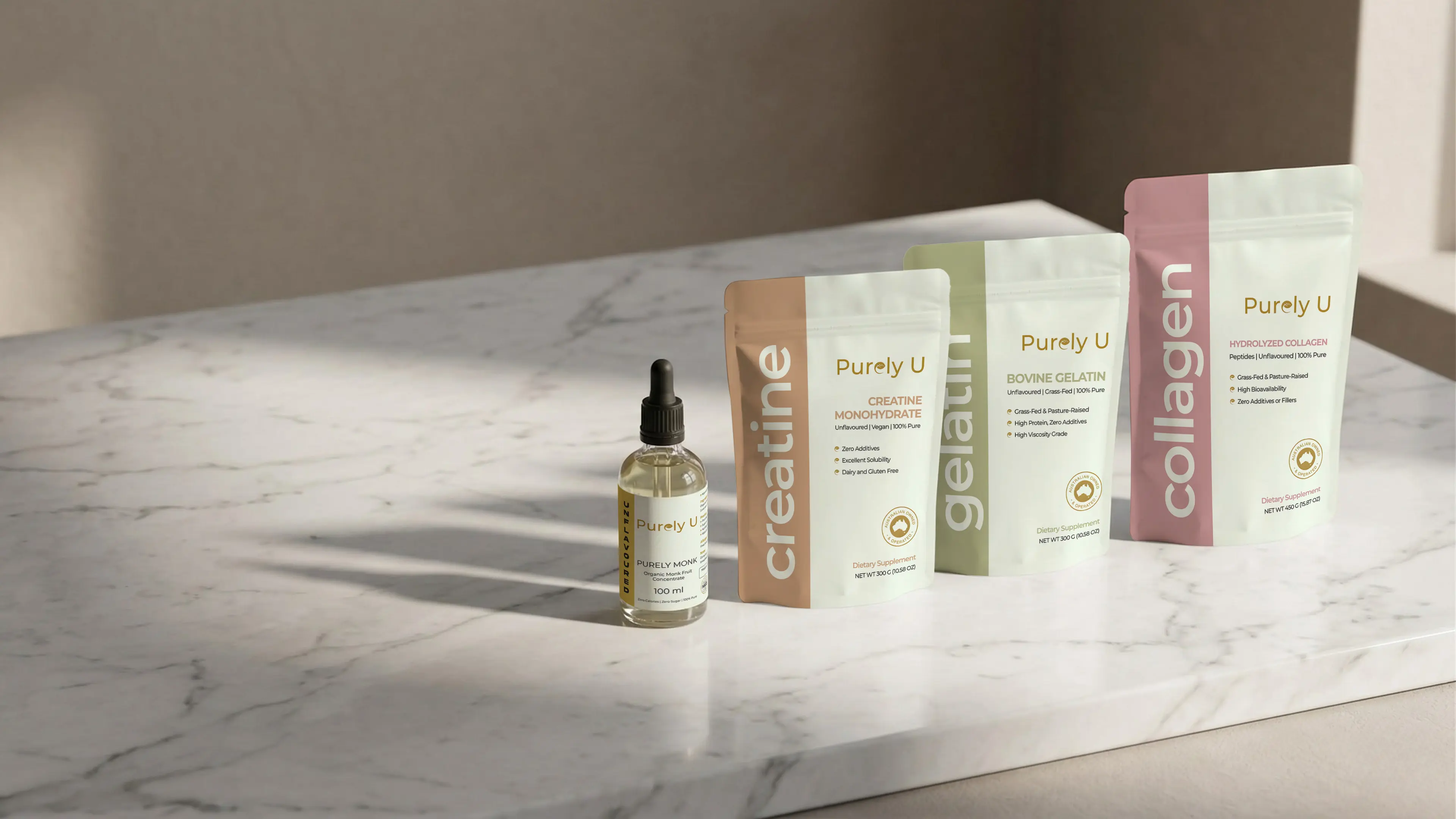 Purely U health and wellness product range on marble counter