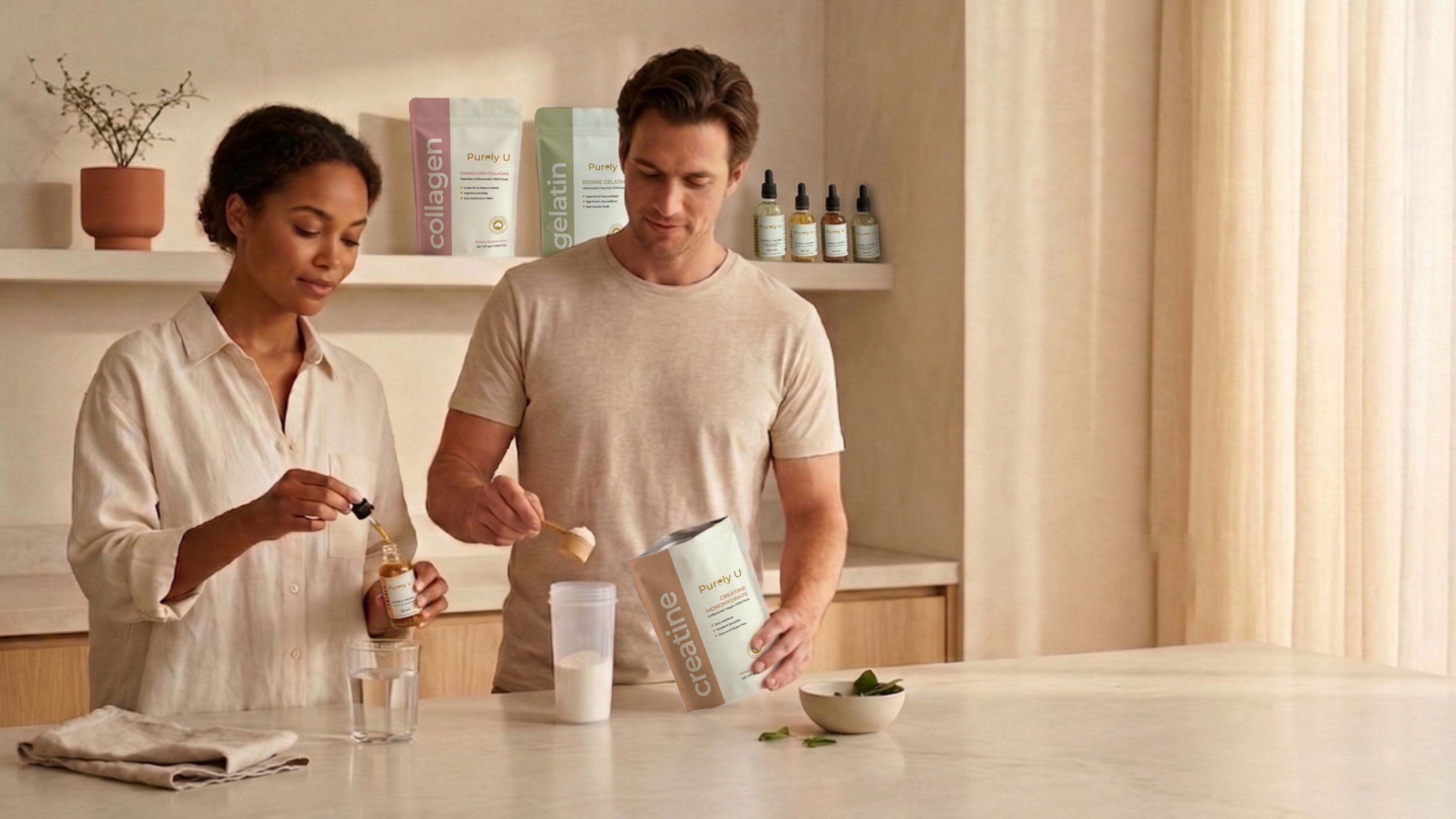 Purely U product range - monk fruit drops, creatine, gelatin, and collagen pouches